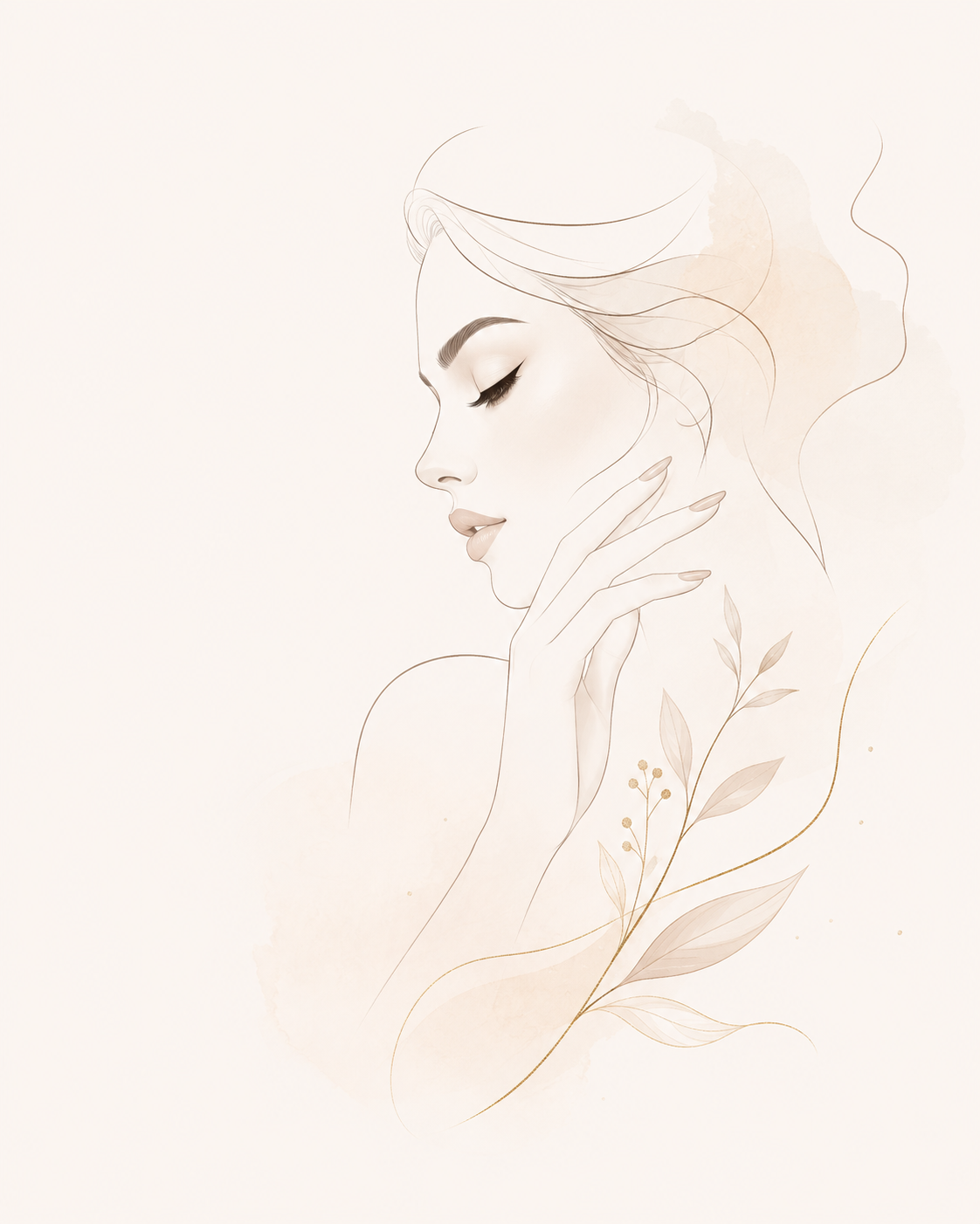 Delikatna ilustracja beauty z kobiecym profilem i botanicznymi akcentami